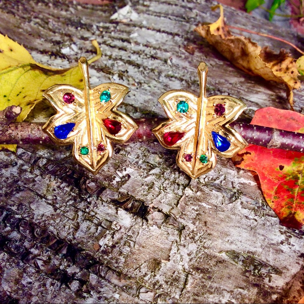 Vintage Jeweled Leaf Clip Earrings